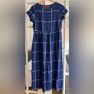 Pyne & Smith No.17 blue windowpane linen full-length tea dress, size Small
